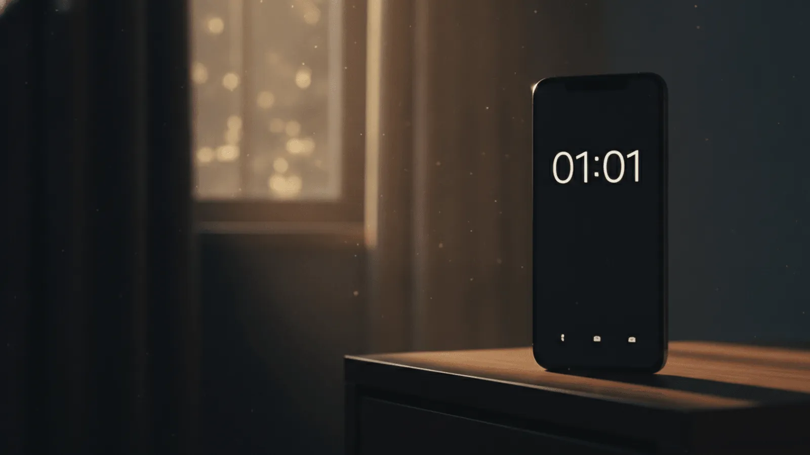 Relógio digital de cabeceira marcando 01:01 em luz suave, num quarto silencioso e sereno de madrugada