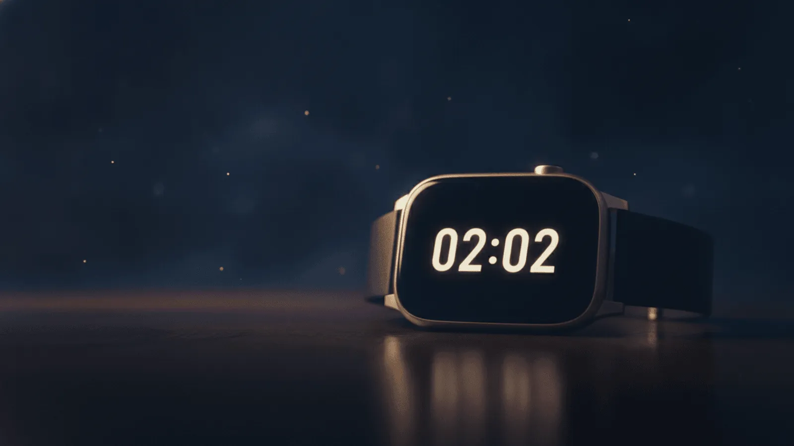 Relógio digital marcando 02:02 em números suaves, sobre uma mesa de cabeceira serena, com uma luz calma de madrugada ao redor