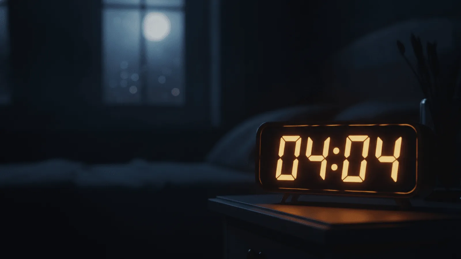 Relógio digital de cabeceira marcando 04:04 na penumbra serena da madrugada, com uma luz dourada suave e um clima de paz
