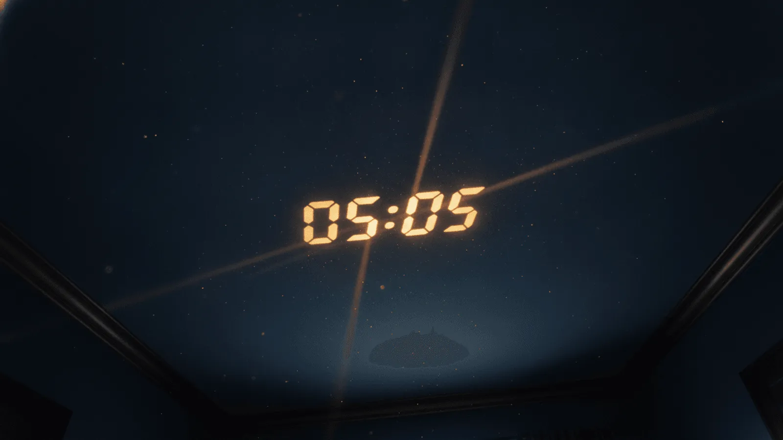 Relógio digital marcando 05:05 sobre fundo suave ao amanhecer, cena serena e acolhedora
