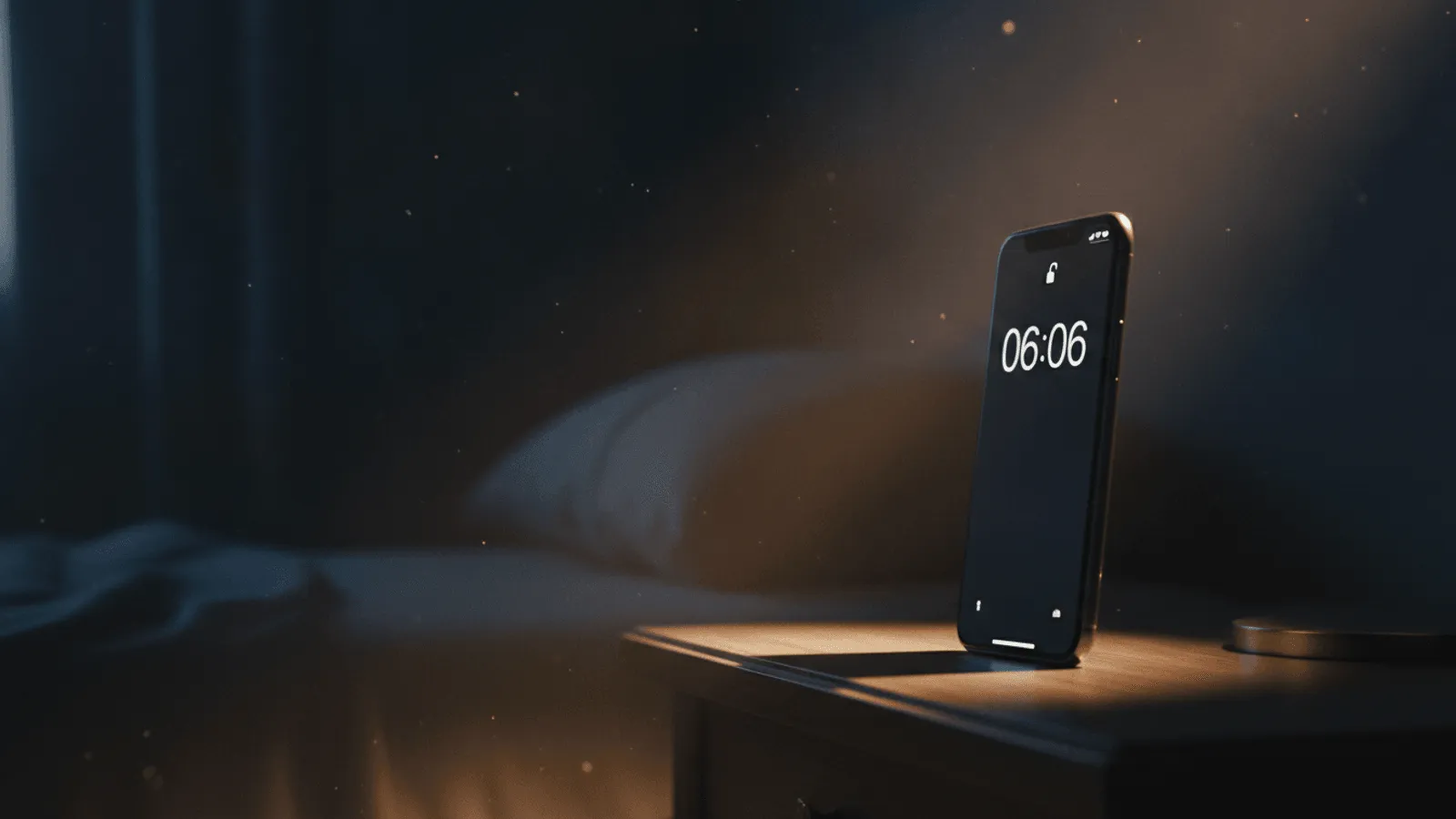Relógio digital marcando 06:06 em luz suave, cena serena de amanhecer tranquilo