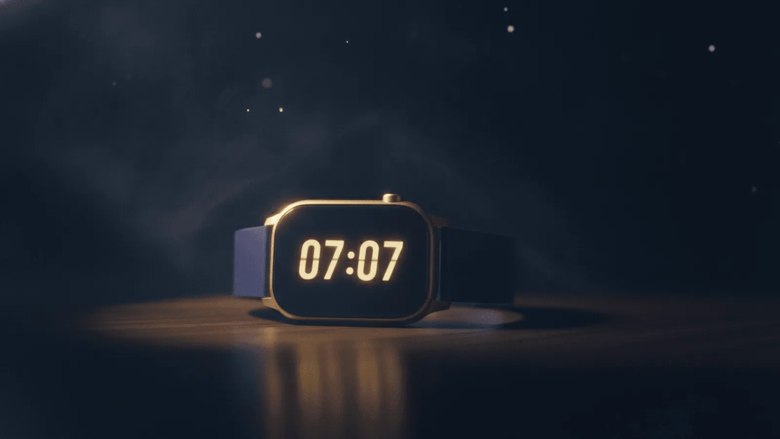 Relógio digital marcando 07:07 numa mesa serena ao amanhecer, luz suave e clima de paz