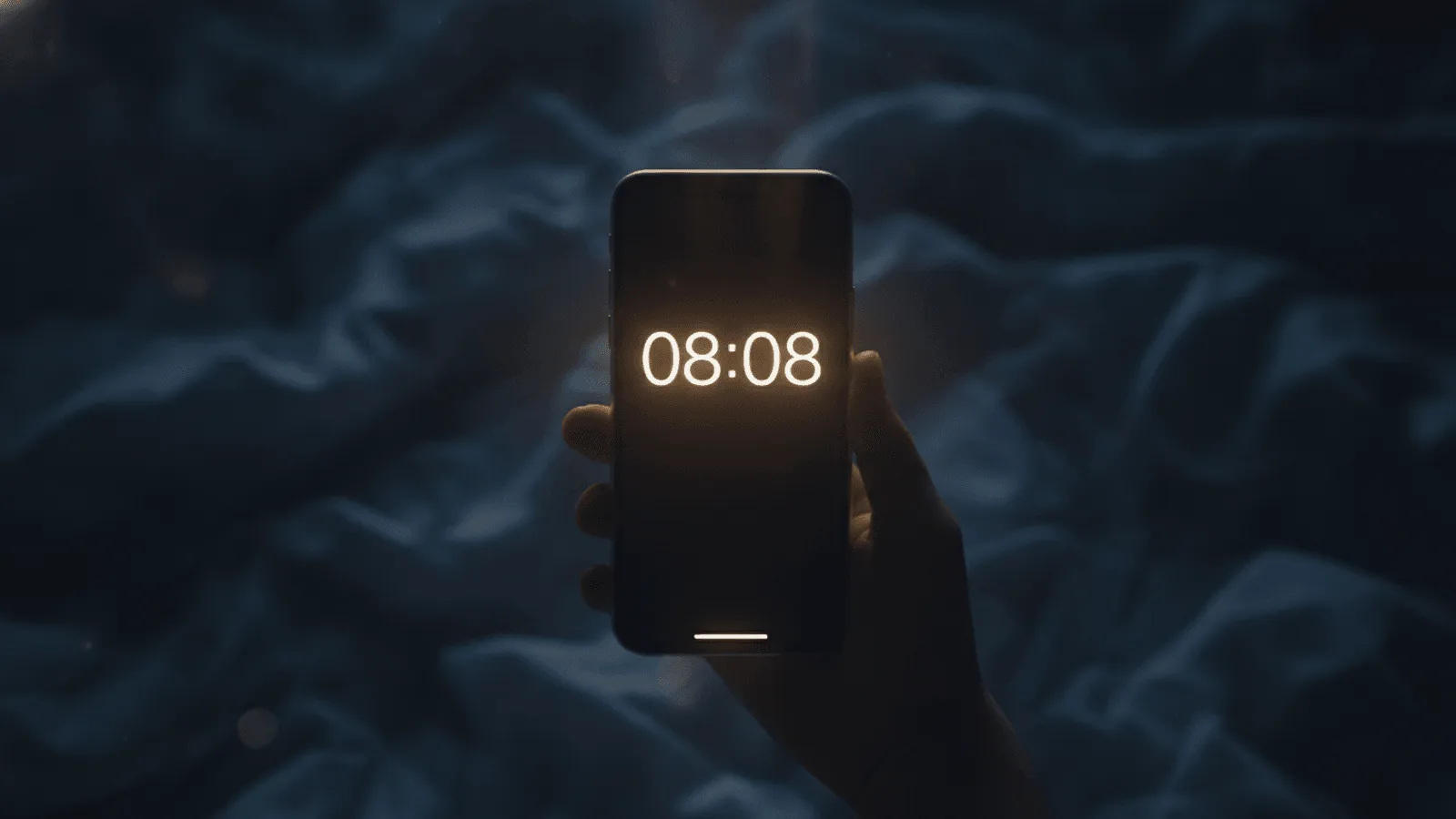 Relógio digital marcando 08:08 sobre uma mesa clara ao amanhecer, com luz dourada e suave entrando pela janela, numa cena serena e acolhedora