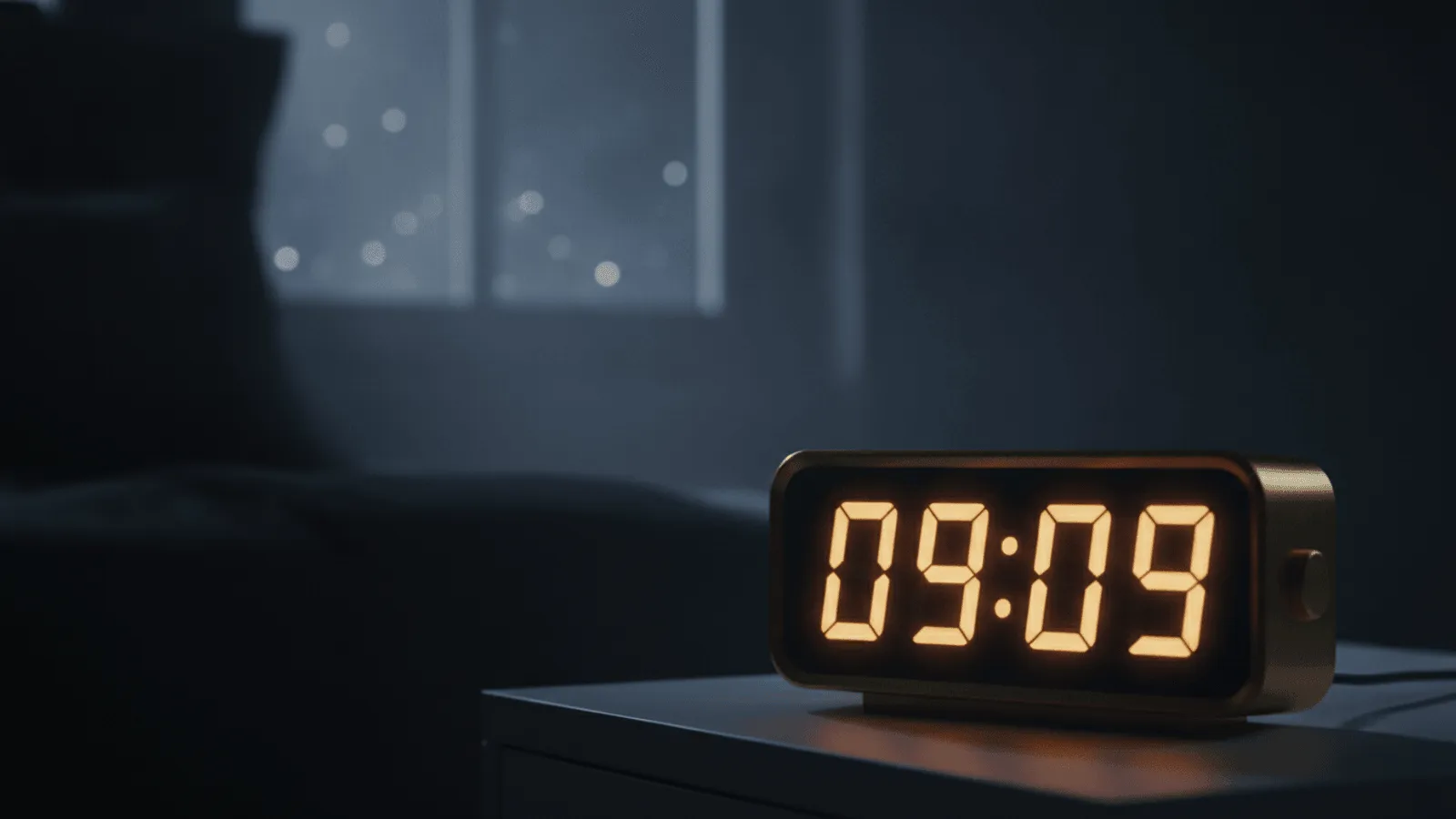 Um relógio marcando 09:09 em luz suave, cena serena e acolhedora