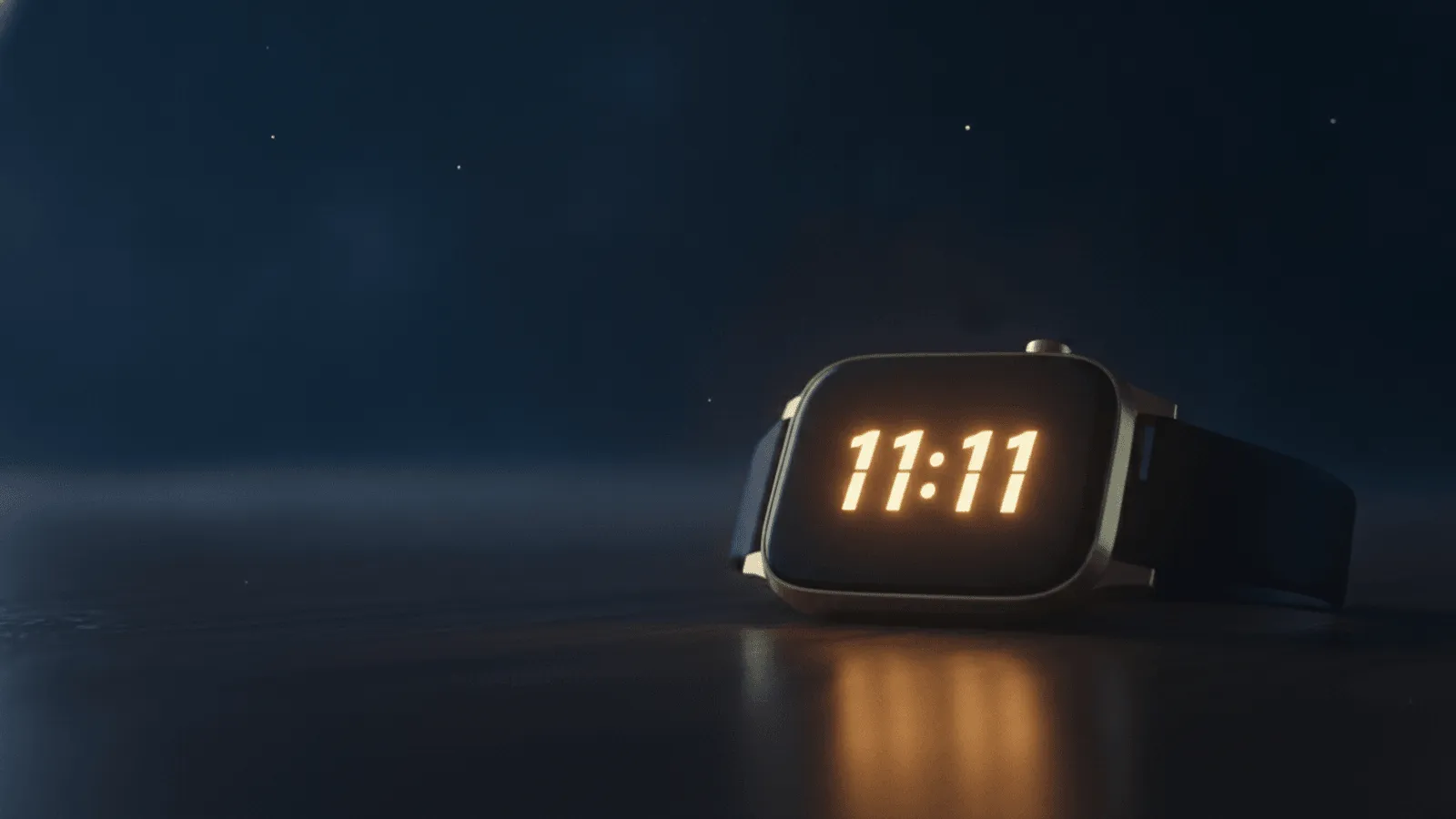 Smartwatch dourado sobre madeira escura, o mostrador marcando 11:11 sob um céu estrelado
