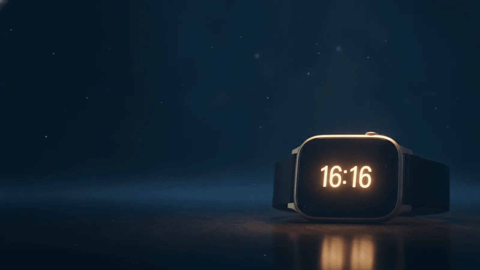 Relógio digital marcando 16:16 sobre fundo suave e dourado, cena serena e acolhedora de fim de tarde