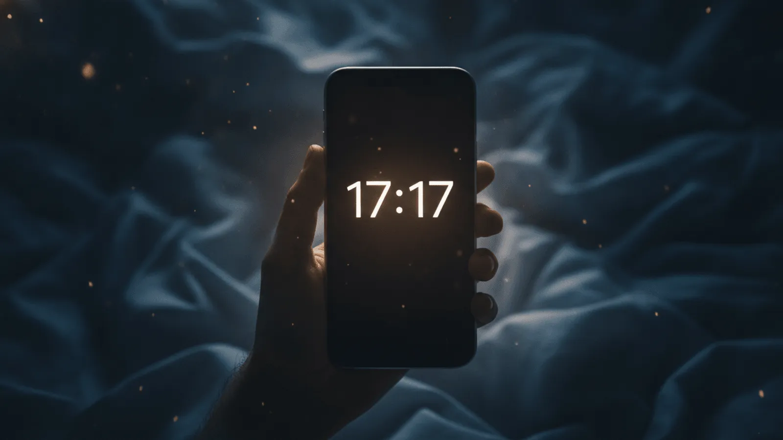 Relógio digital marcando 17:17 sobre uma mesa serena, com luz suave de fim de tarde ao redor