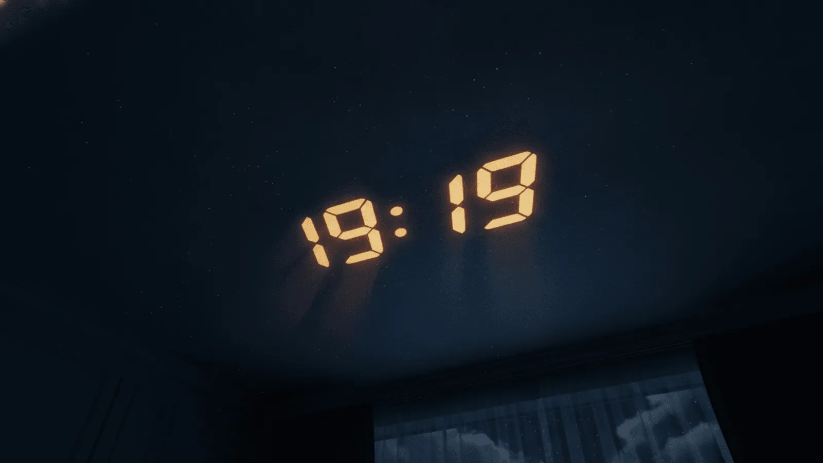 Relógio digital marcando 19:19 com luz suave e dourada ao redor, cena serena e acolhedora ao entardecer