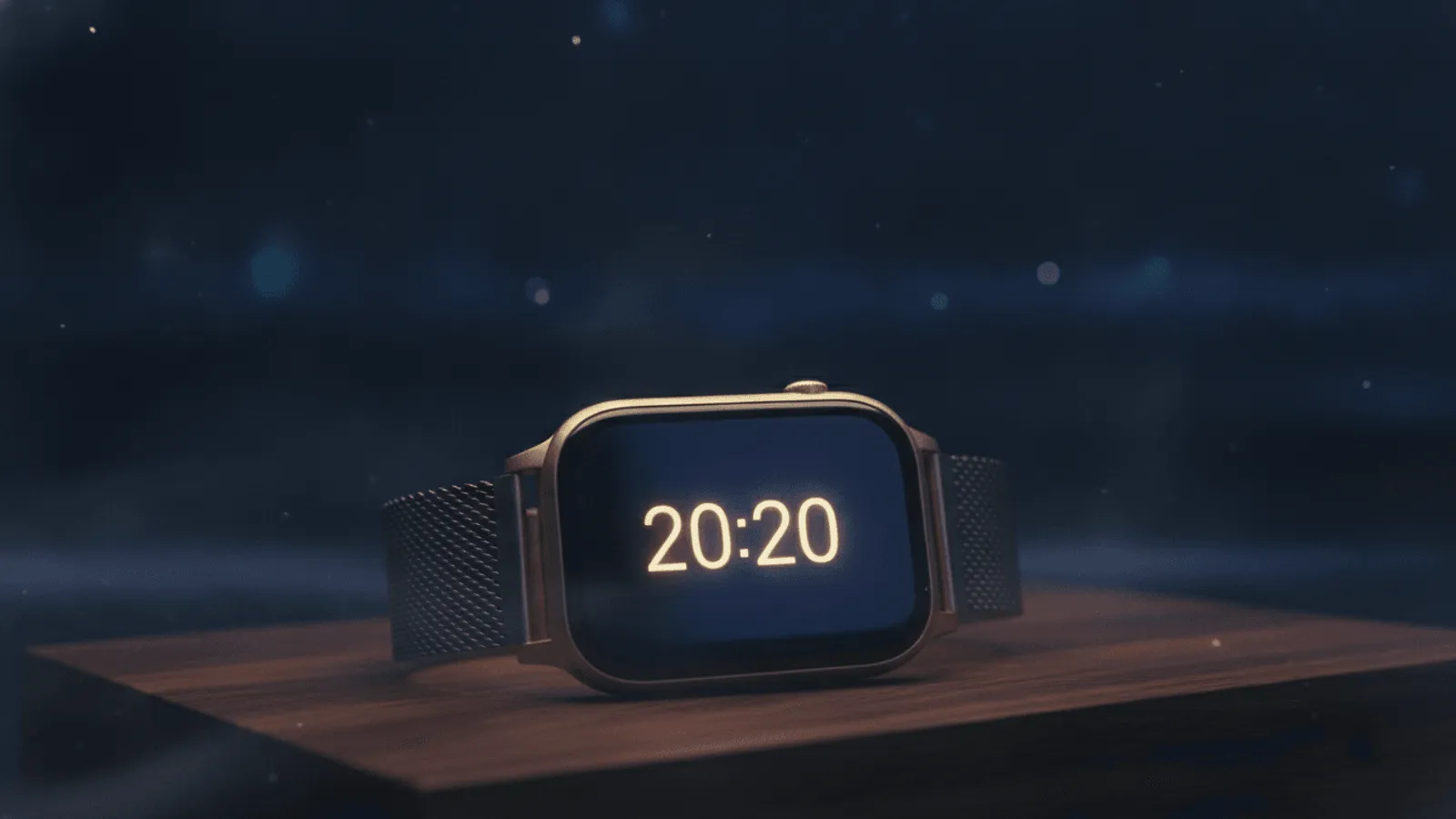 Relógio digital marcando 20:20 no fim da tarde, luz dourada e serena entrando pela janela de uma sala tranquila