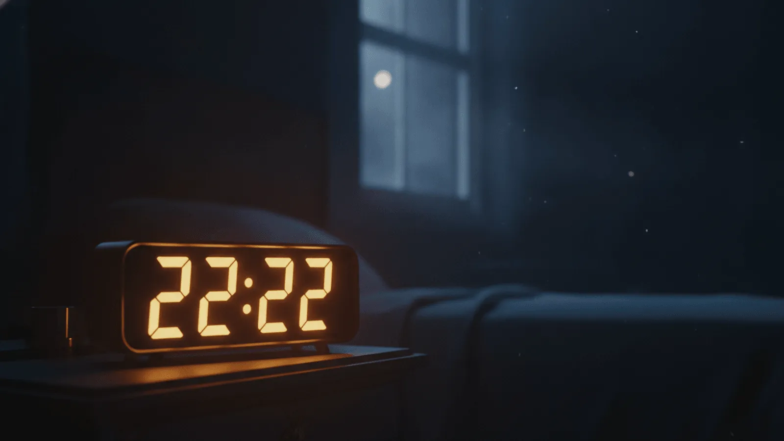 Relógio digital de cabeceira marcando 22:22 em números vermelhos, num quarto escuro com luz baixa de abajur