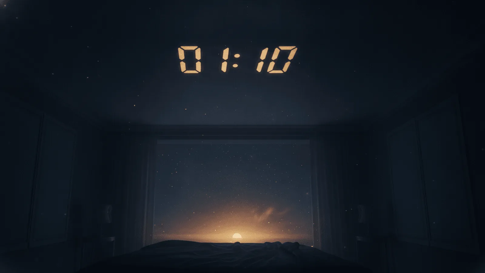 Relógio digital sobre a mesa de cabeceira marcando 01:10 na penumbra suave de um quarto sereno, com a luz dourada do abajur ao lado