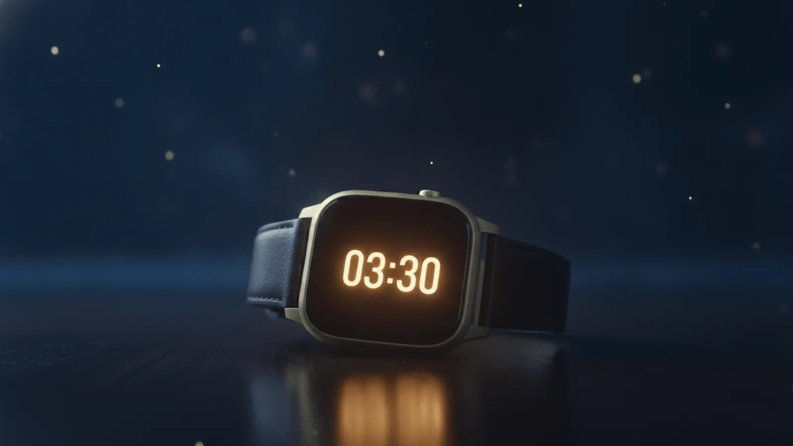 Relógio digital marcando 03:30 sobre uma mesa serena, luz suave da madrugada iluminando o ambiente em calma