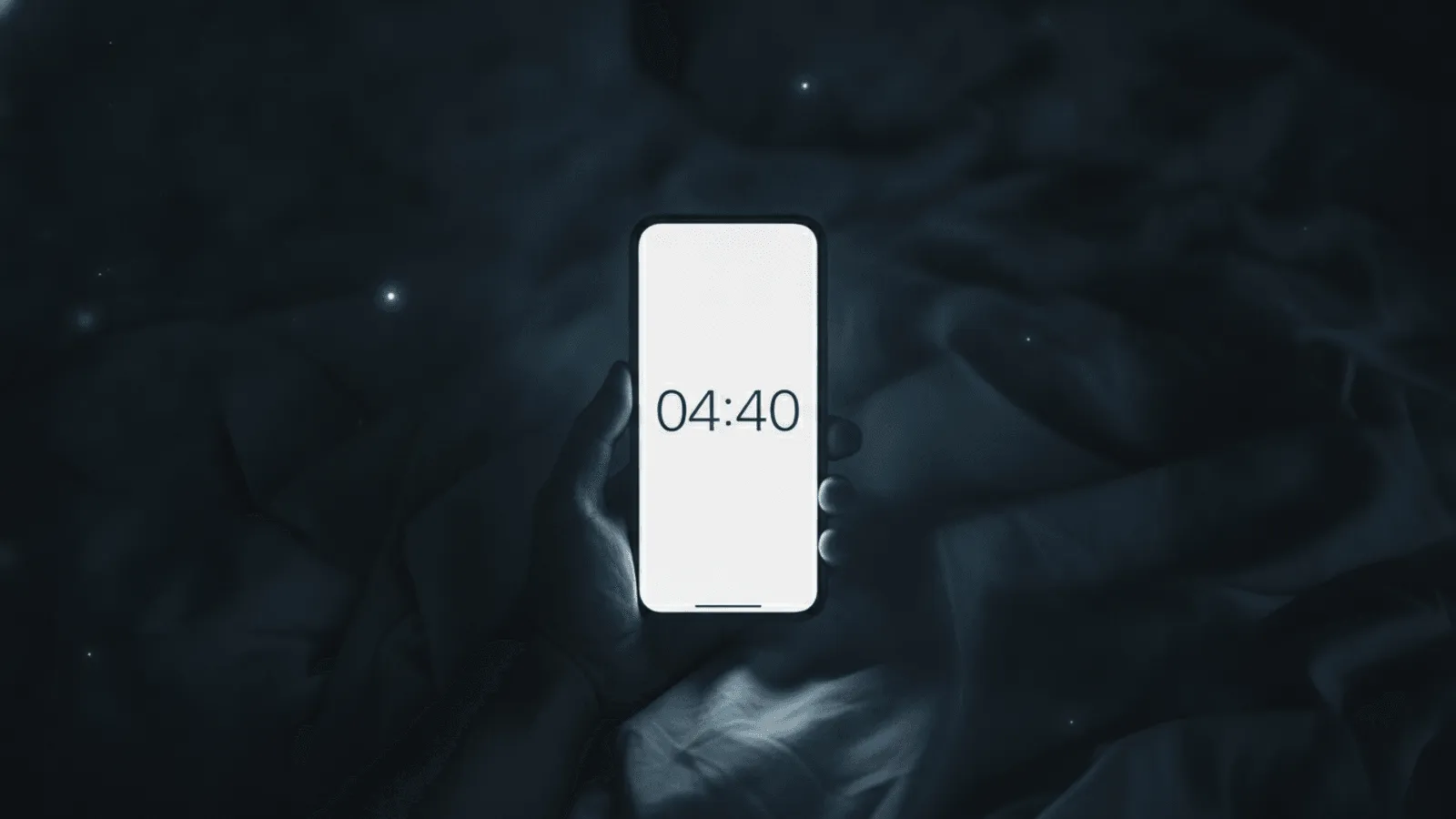 Relógio digital marcando 04:40 sobre uma mesa em luz suave da madrugada, cena serena e acolhedora