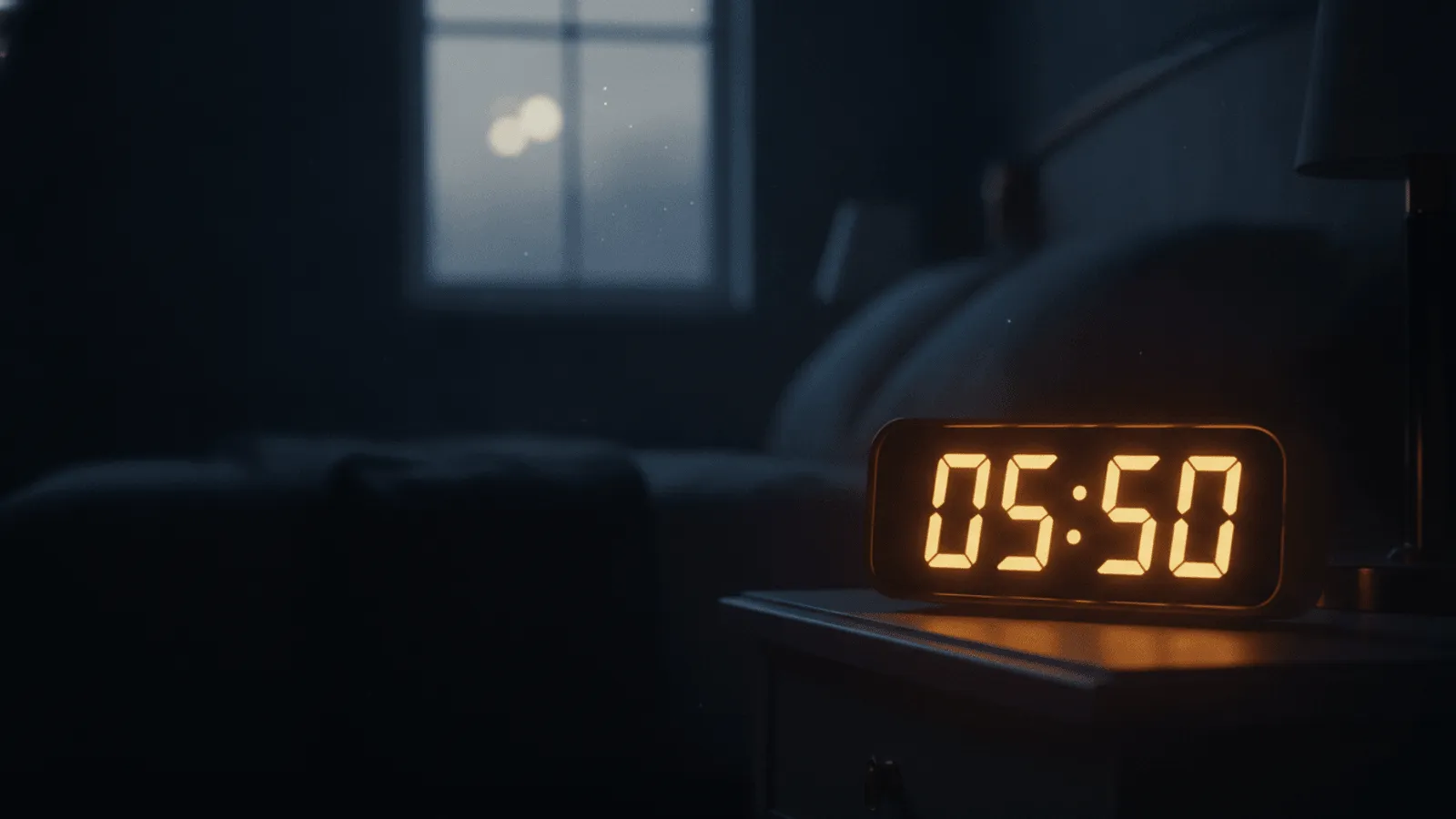 Relógio digital marcando 05:50 sobre fundo suave de amanhecer, cena serena e acolhedora