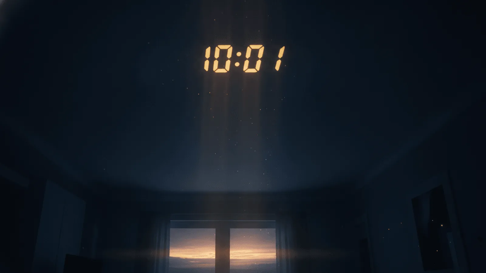 Relógio digital marcando 10:01 sobre uma mesa clara, banhado por uma luz suave da manhã, em uma cena serena e acolhedora