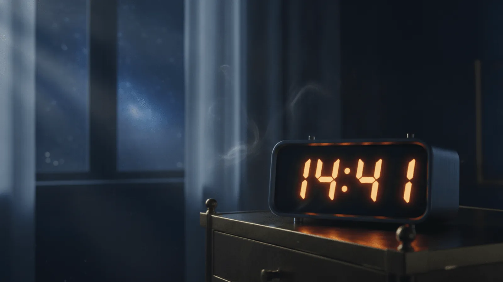 Relógio digital de mesa marcando 14:41 diante de uma janela com luz dourada de fim de tarde e uma xícara ao lado, cena serena e acolhedora