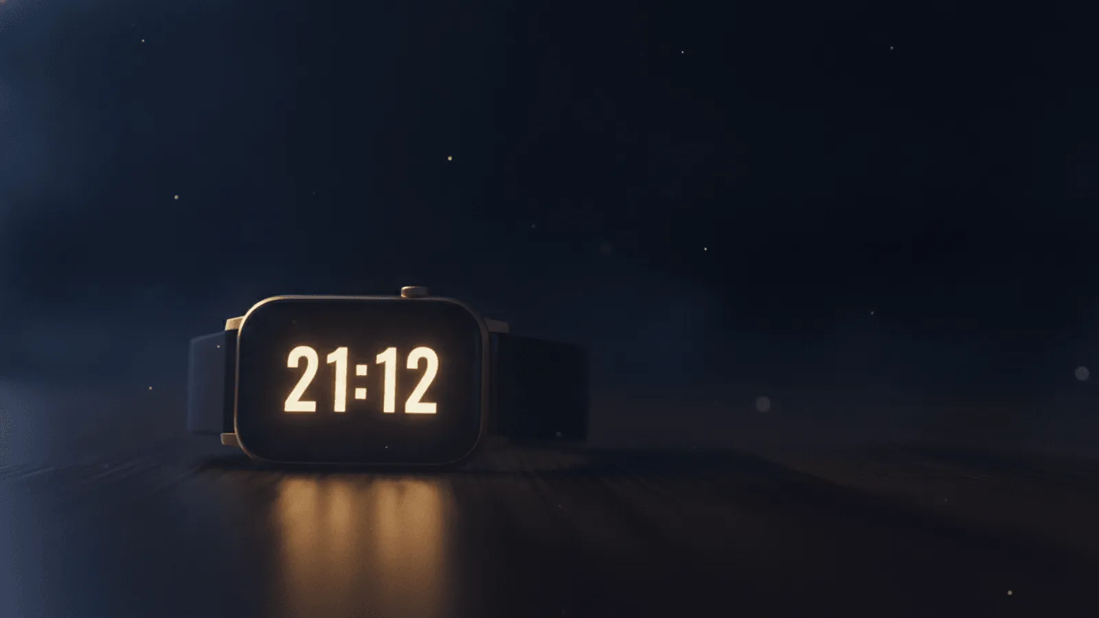 Relogio digital de cabeceira marcando 21:12 num quarto com luz baixa, reflexo suave do numero na tela